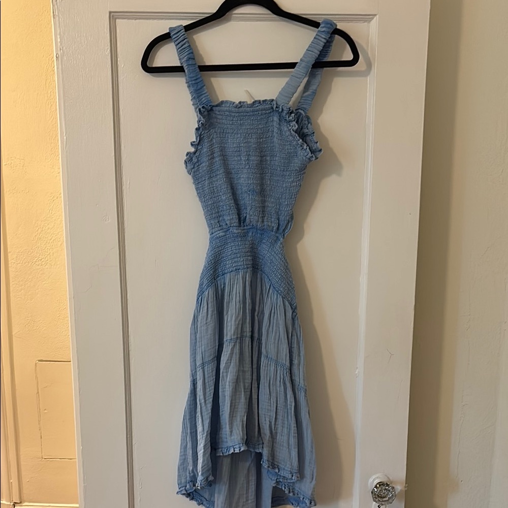 Anthropologie Blue Sleeveless Ruffle Dress with open back